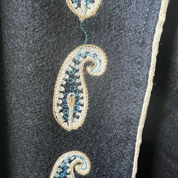 VTG Wool Long Black Coat Vest Jacket Women Small/Med Embroidered Paisley Floral - Picture 5 of 13